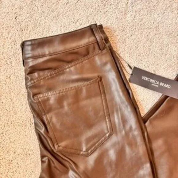 Veronica Beard Carson High Rise Ankle Flare Dark Chocolate Leather Flare Pants